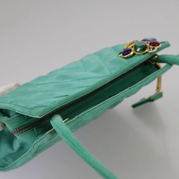 CHANEL V stitch Shoulder Bag Nylon Green Gold CC Auth - Picture 9 of 15